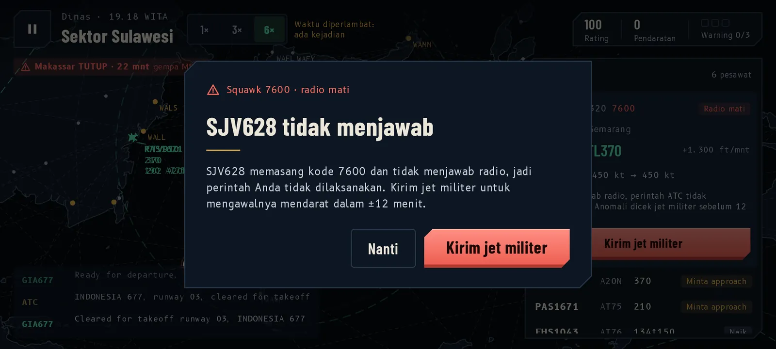 Pop-up in the game: SJV628 squawks 7600 and does not answer, with a red button to send a military jet
