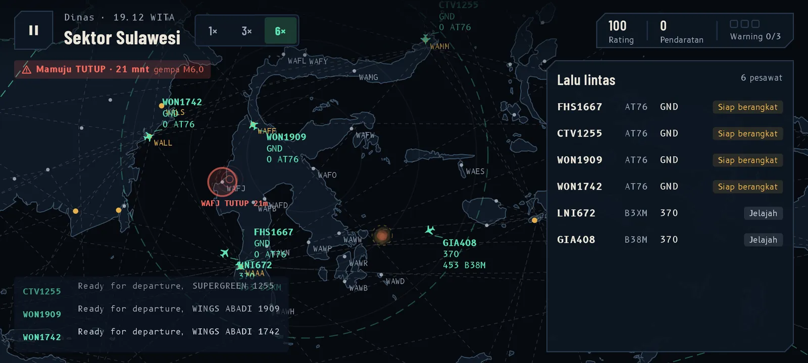 ATC Simulator radar over Sulawesi with four numbered markers: a flight's data block, the traffic list, an airport closed by an earthquake ringed in red, and a storm cell