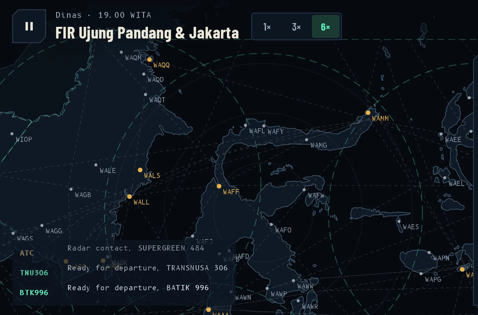 In-game radar titled FIR Ujung Pandang & Jakarta, with airports across Sulawesi, Kalimantan, and Maluku and departure calls in the radio log